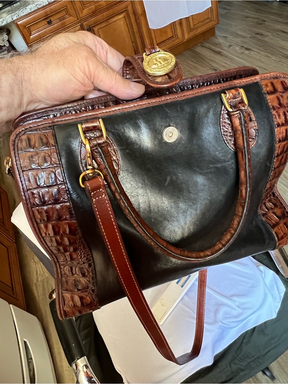 Vintage Brahmin Tuscan Addison Satchel Bag Black & Croc Leather (Excellent) - Picture 13 of 16